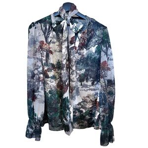 White House Black Market Forest Art Print Tie Neck Blouse Sheer Metallic Small